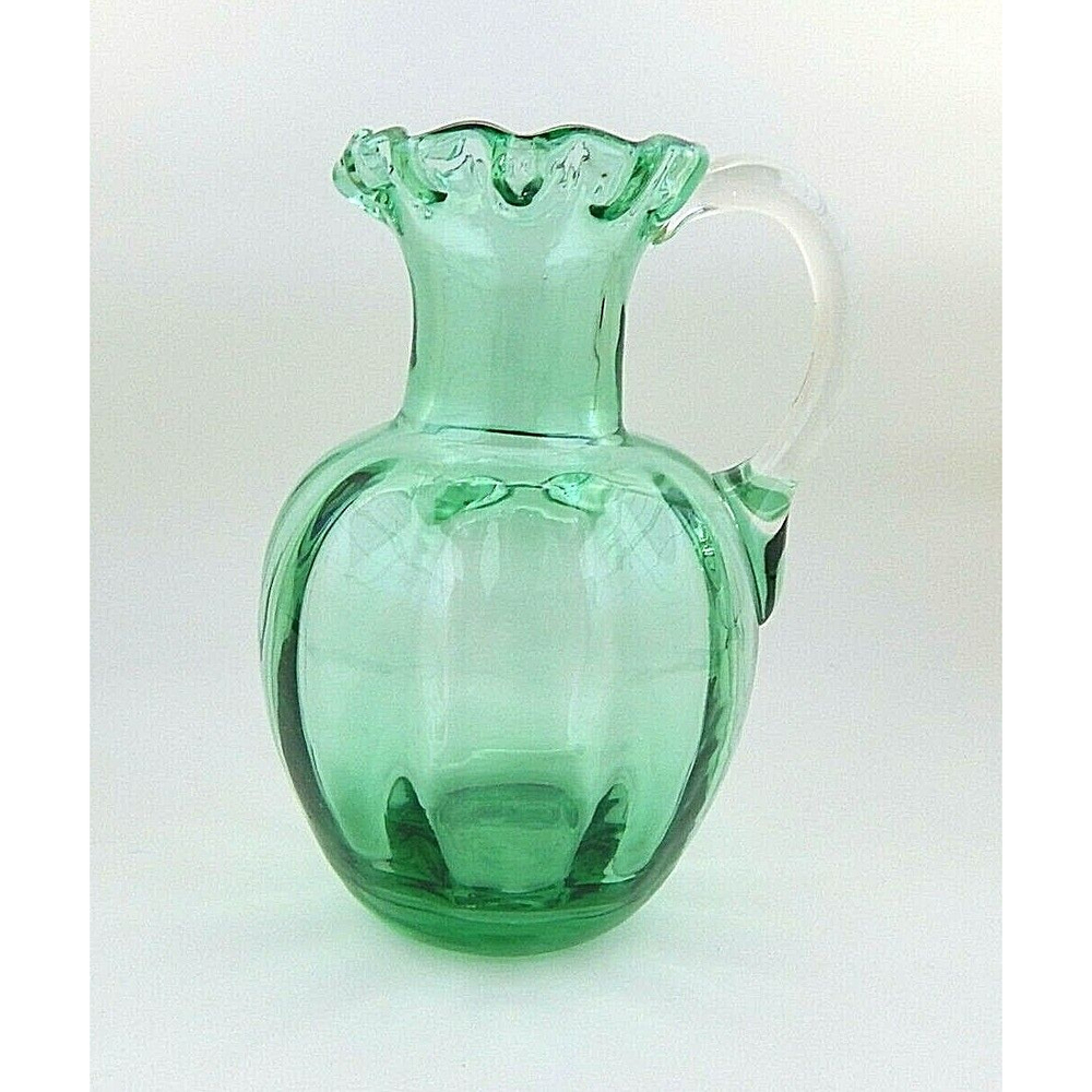 Art Glass Green Hand Blown Glass Small Pitcher Vase Ruffle Top